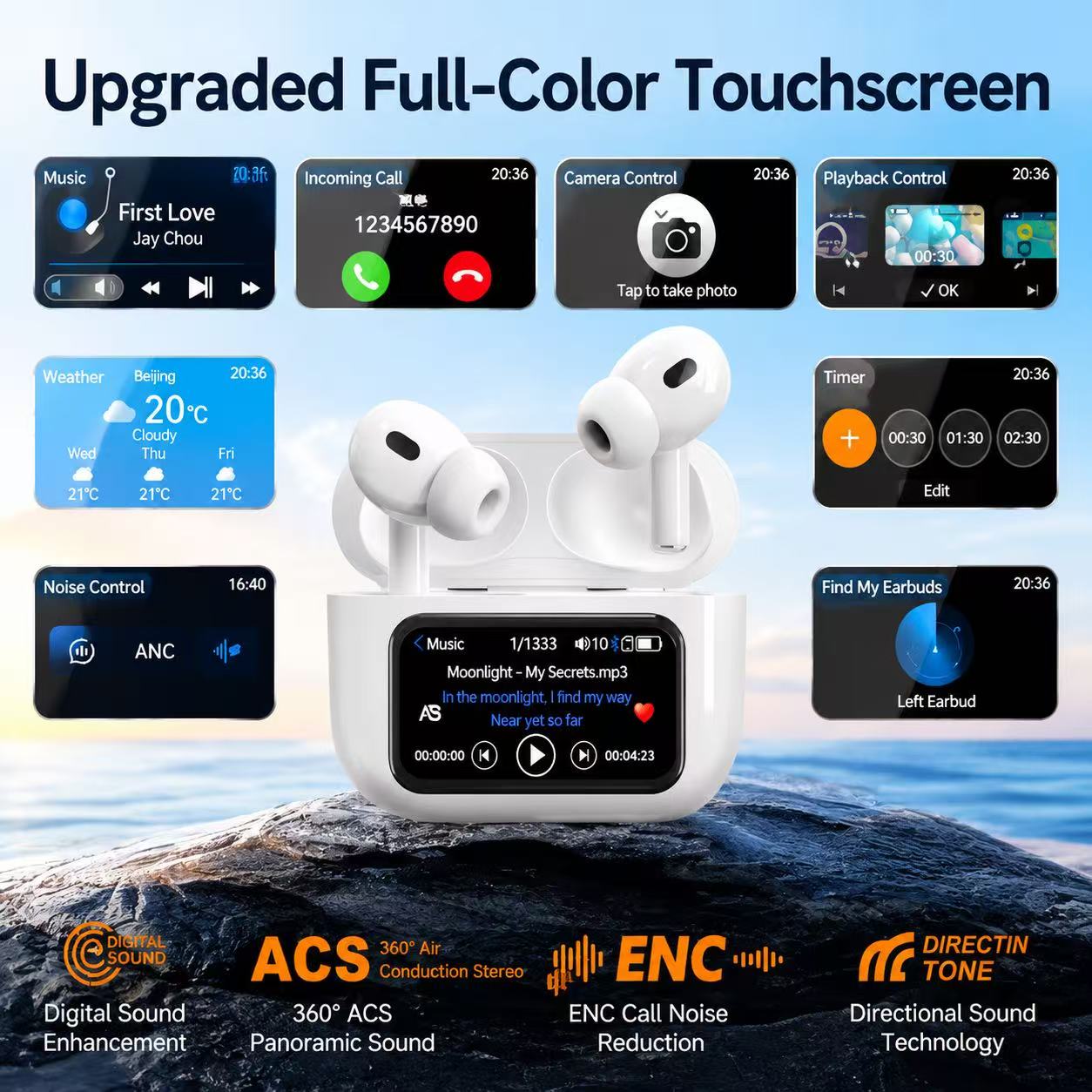 Upgraded Full Color Touchscreen Earbud Smart UI Control Interface